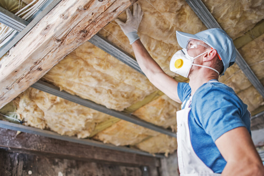 Old,Roof,Insulation.,Caucasian,Construction,Worker,In,His,30s,Inspecting